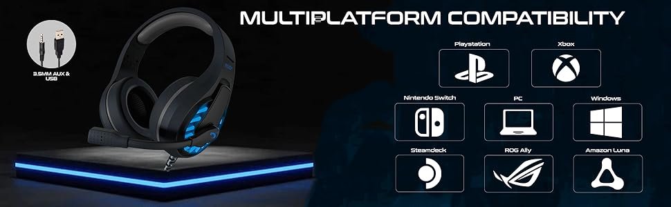 Gaming headset with blue lighting on stand. Icons show compatibility with multiple platforms including PlayStation, Xbox, Nintendo Switch, and PC.